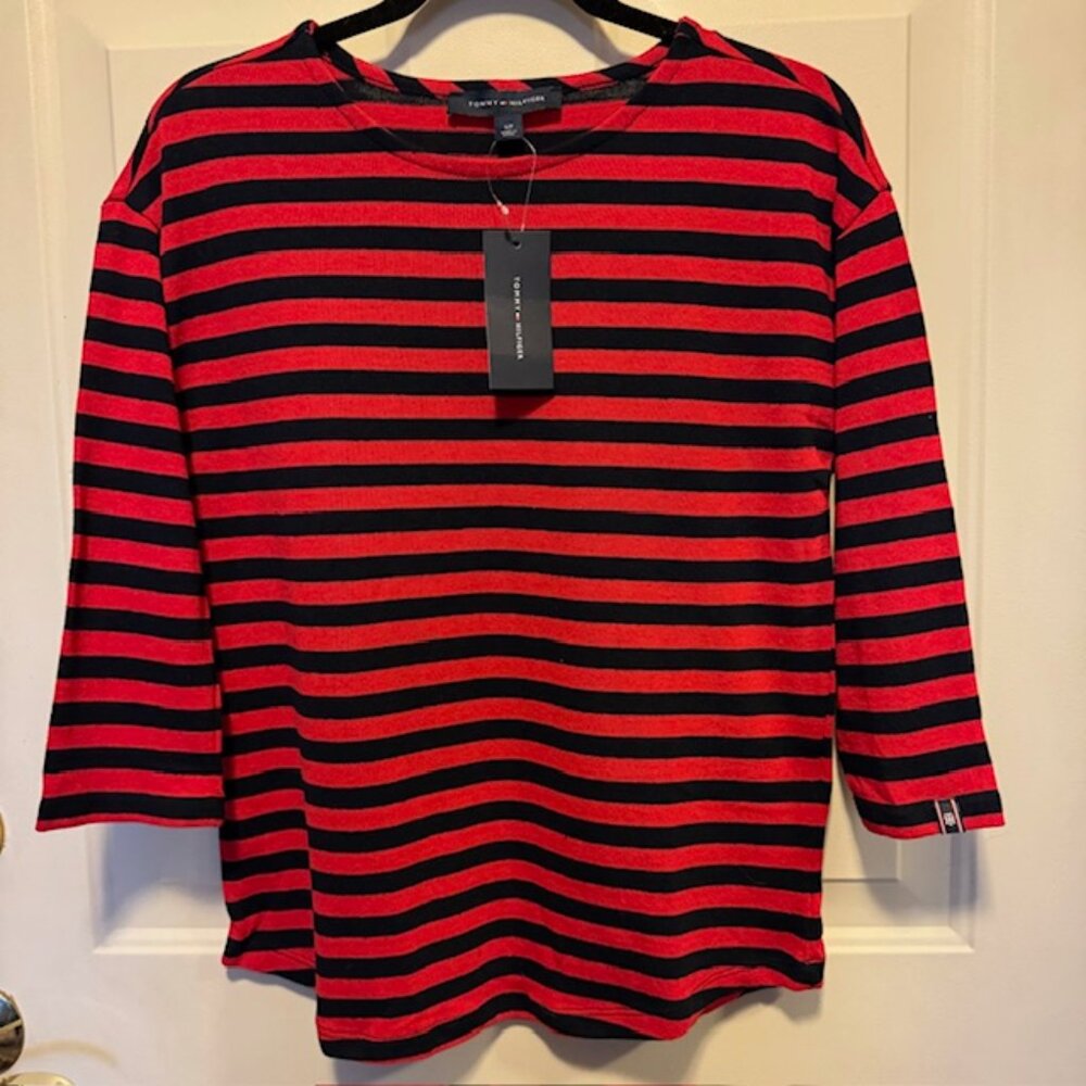 Tommy Hilfiger Red Black Striped Sweater NWT